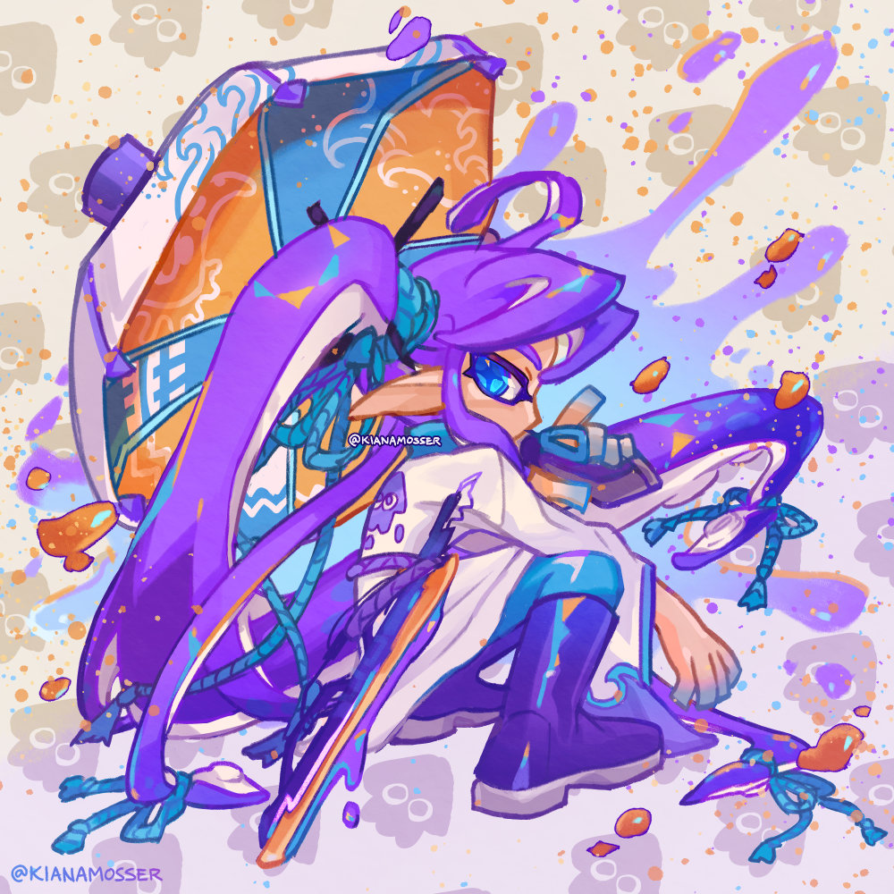 inkling solo tentacle hair long hair blue eyes purple hair boots twitter username  illustration images