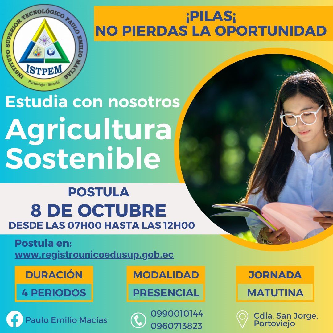 ISTPEM1's tweet photo. 📌 Pilas

👉 Ampliamos el plazo para la postulación de nuestra oferta de carreras del Instituto Superior Tecnológico Paulo Emilio Macías.

🗓️Hasta el 8 de octubre
⏰ De 07:00 a 12:00

Postula en:  
https://t.co/XNBDaePeDx

#Senescyt 
#Proyéctate 
#CrecemosJuntos https://t.co/7K8iDvzS2Z