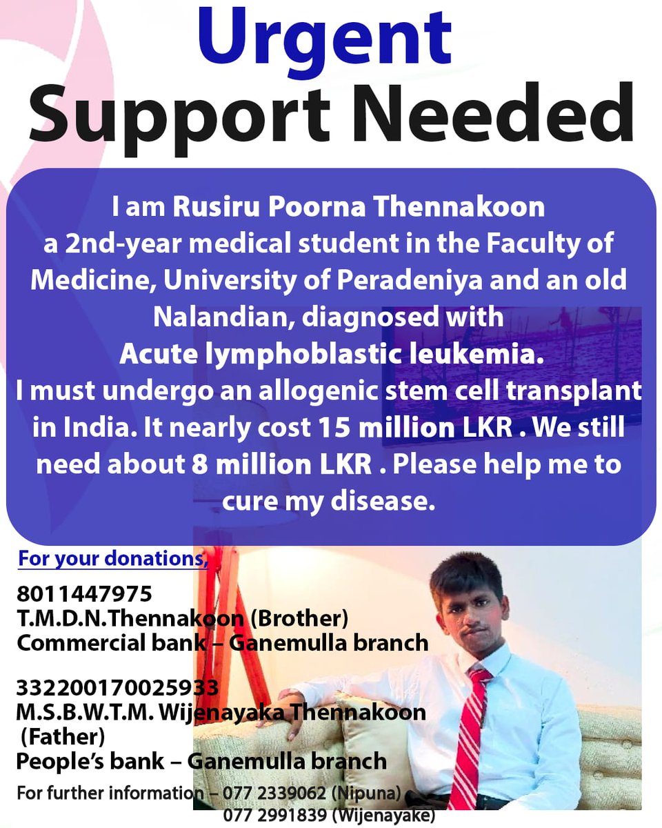 Judeythedude's tweet photo. Hi all! 
One of my juniors, in the Faculty of Medicine, UoP, is currently suffering with Acute lymphoblastic leukaemia, which is basically a blood cancer. 
He needs a treatment that costs approx 15 mil LKR. 

Any donations will go a long way. 

Go fund me 
https://t.co/6GWgPSsJhB https://t.co/SBiubBZ3fl