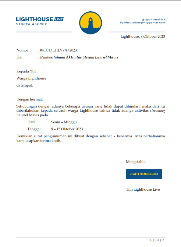 Selamat siang semuanya.
Gimana nih hari minggu kalian?, semoga menjadi weekend yang menyenangkan ya.

Disini kami punya sedikit pemberitahuan nih untuk kalian warga Lighthouse mengenai <a href="/LaurielMavis/">Lauriel Mavis🍀 | GRADUATED</a> .

Stay tune terus ya untuk informasi lainnya.