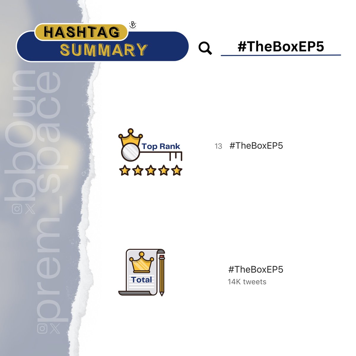 BounPrem_TH_OFC's tweet photo. Hashtag Summary
#TheBoxEP5

No.13 Thailand🇹🇭

📈Total 14K tweets
At 07:53 AM [07.10.2023]

ติดตาม EP.6 กันต่อคืนนี้ 2 ทุ่ม !!!

เรื่องราวเข้มข้นขึ้นเรื่อยๆ ทุกตอนเลย
พลาดไม่ได้นะคะ 
ร่วมสืบคดีไปกับแชมป์และมิ้นต์กันนนนน

#prem_space 
#พอร์ตส่งงานบุ๋นเปรม https://t.co/9w66vabagt