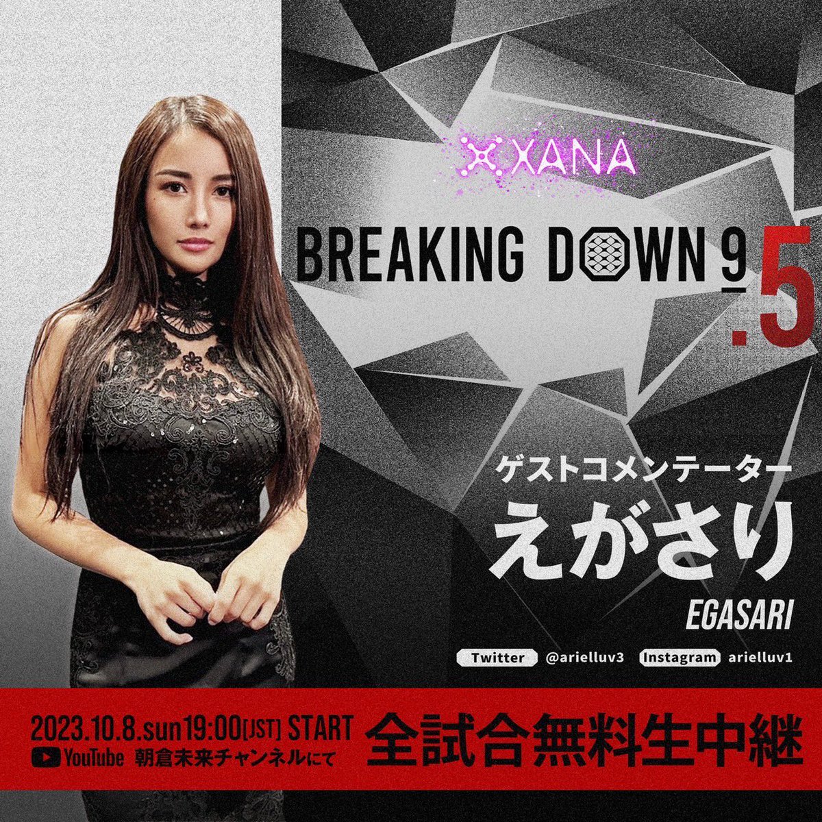 BreakingDown9.5 選手インタビュアー発表📣 ＼ 今大会を盛り上げる選手インタビュアーとして えがさりさんの参加が決定！  @arielluv3 🗓10/8(日)19:00開始予定 朝倉未来YouTubeから無料配信 https://t.co/LI9Y1rvJj2