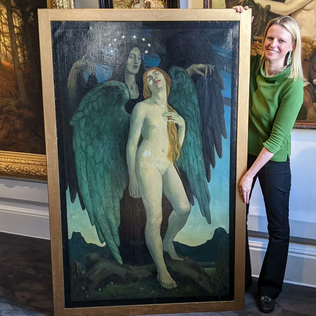 MayMatt_Bonhams's tweet photo. Works by Glasgow Girl, Mary 'May' Reid (1897-1986) @bonhams1793 on 11th Oct. Student at @GSofA one of first generations of women to have access to nude models and photography to aid her work. Incredibly rare to have photo of an artist standing in front of her masterpiece. https://t.co/mZhAruzNJg