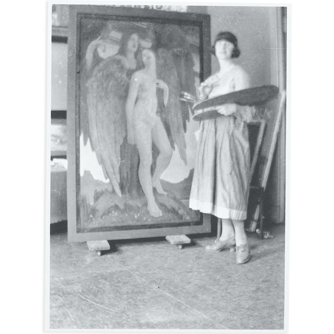 MayMatt_Bonhams's tweet photo. Works by Glasgow Girl, Mary 'May' Reid (1897-1986) @bonhams1793 on 11th Oct. Student at @GSofA one of first generations of women to have access to nude models and photography to aid her work. Incredibly rare to have photo of an artist standing in front of her masterpiece. https://t.co/mZhAruzNJg