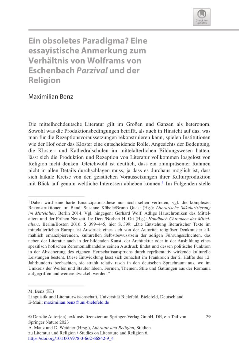 Soeben erschienen: Ein neuer Band, der sich dem Verhältnis von Religion und Literatur widmet - hg. von Daniel Weidner und Andreas Mauz. Darin auch Mediävistisches von mir zu Wolframs "Parzival" und der Religion. doi.org/10.1007/978-3-…