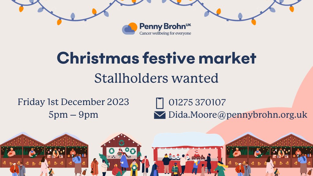 Stallholders wanted! 📣 Penny Brohn UK is having a festive market on Friday 1st December! Stalls are £20. 📍 Penny Brohn UK, Ham Green House, Chapel Pill Lane, Bristol, BS20 0HH For more info, please contact: 📞 01275 37010 📧 Dida.Moore@pennybrohn.org.uk