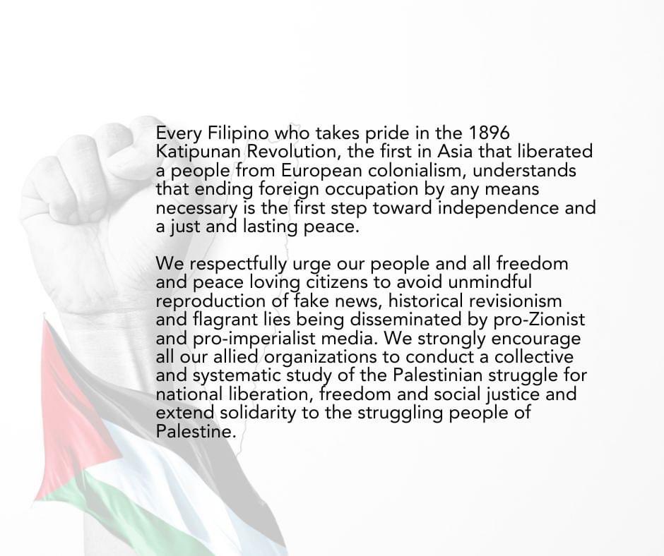 jinkydoo's tweet photo. BAYAN Philippines on the current Palestinian Resistance 
8 October 2023 
Mula Ilog Jordan hanggang Dagat Mediterranean, sa Palestine and kalayaan! https://t.co/vxt2I9IlV8
