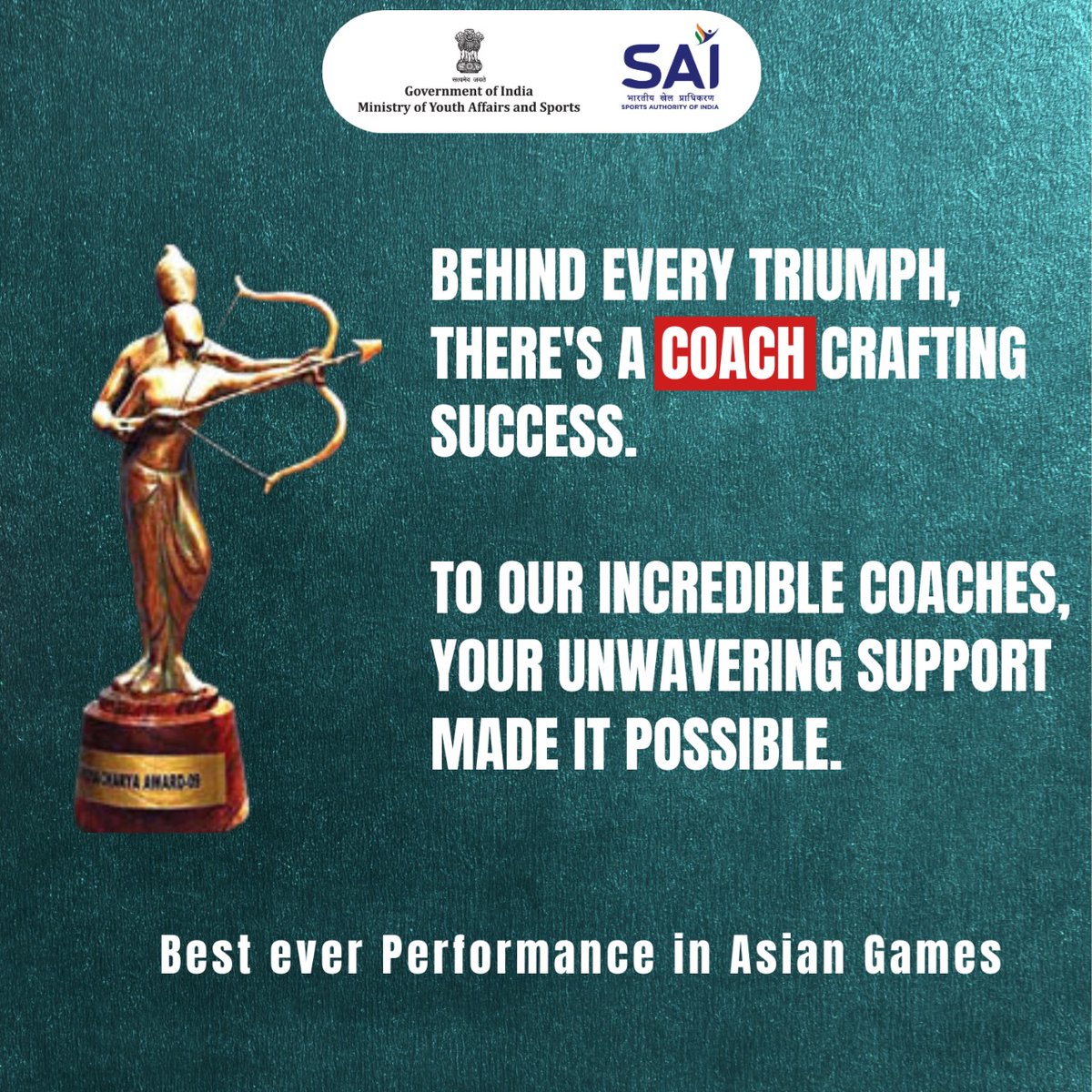Media_SAI's tweet photo. A special shoutout to our Coaches on the historic feat achieved by our champs in the #AsianGames2022 

The performance of our athletes in AG mirrors the efforts of our coaches in mentoring inspiring them to reach new heights and showcase their absolute best👍

Thanks Coach! https://t.co/3lJtfk9ir5