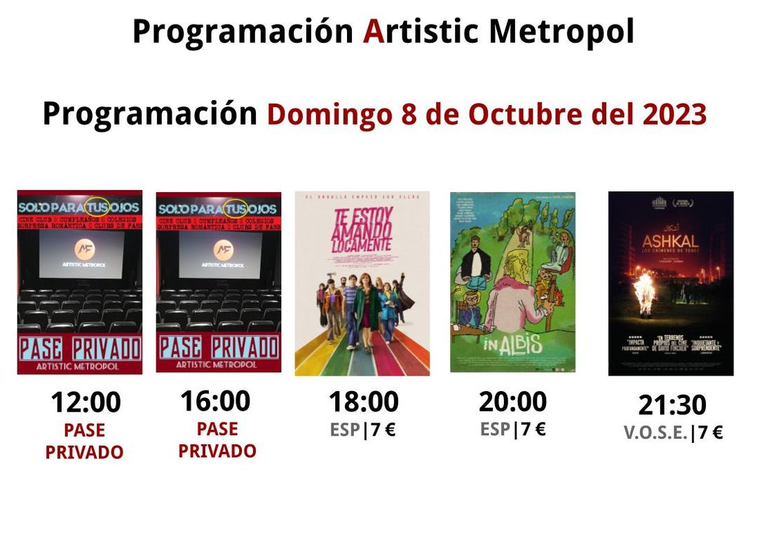 artmetropol's tweet photo. Nuestra programación para hoy domingo 8 

¡Alquila tu sala de cine con Artistic Metropol!

#teestoyamandolocamente
#InAlbis
#AshkalloscrímenesdeTúnez

Entradas a la venta en
https://t.co/ZFuGBrhBLc https://t.co/GRuvZglO4J