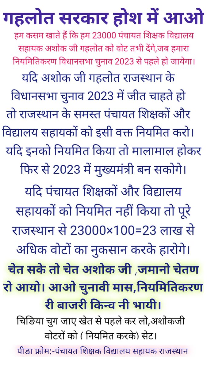 Purusho04368764's tweet photo. राजस्थान कांग्रेस सरकार के लोकप्रिय मुख्यमंत्री जननायक @ashokgehlot51 जी अभी भी समय है #पंचायत_शिक्षक #विद्यार्थी_मित्र का भला करो
अब भी समय ह नही पछताने के अलावा कुछ नहीं बचेगा
#5वर्षीय_अनुभव_संविदाकर्मी_नियमित_करो
#नियमितिकरण_नहीं_तो_वोट_नहीं 
@RajCMO 
@RahulGandhi 
@INCIndia https://t.co/D62pv3Bshi