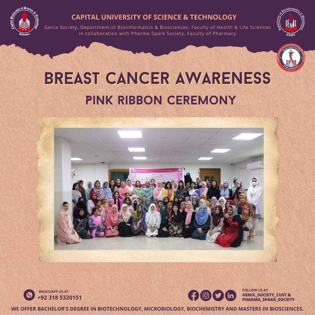 GENIX Society, Department of Bioinformatics and Biosciences Faculty of Health and Life Sciences, in collaboration with Pharma Spark Society, Faculty of Pharmacy organized a highly successful campaign for the awareness of Breast Cancer on Friday, October 06, 2023.