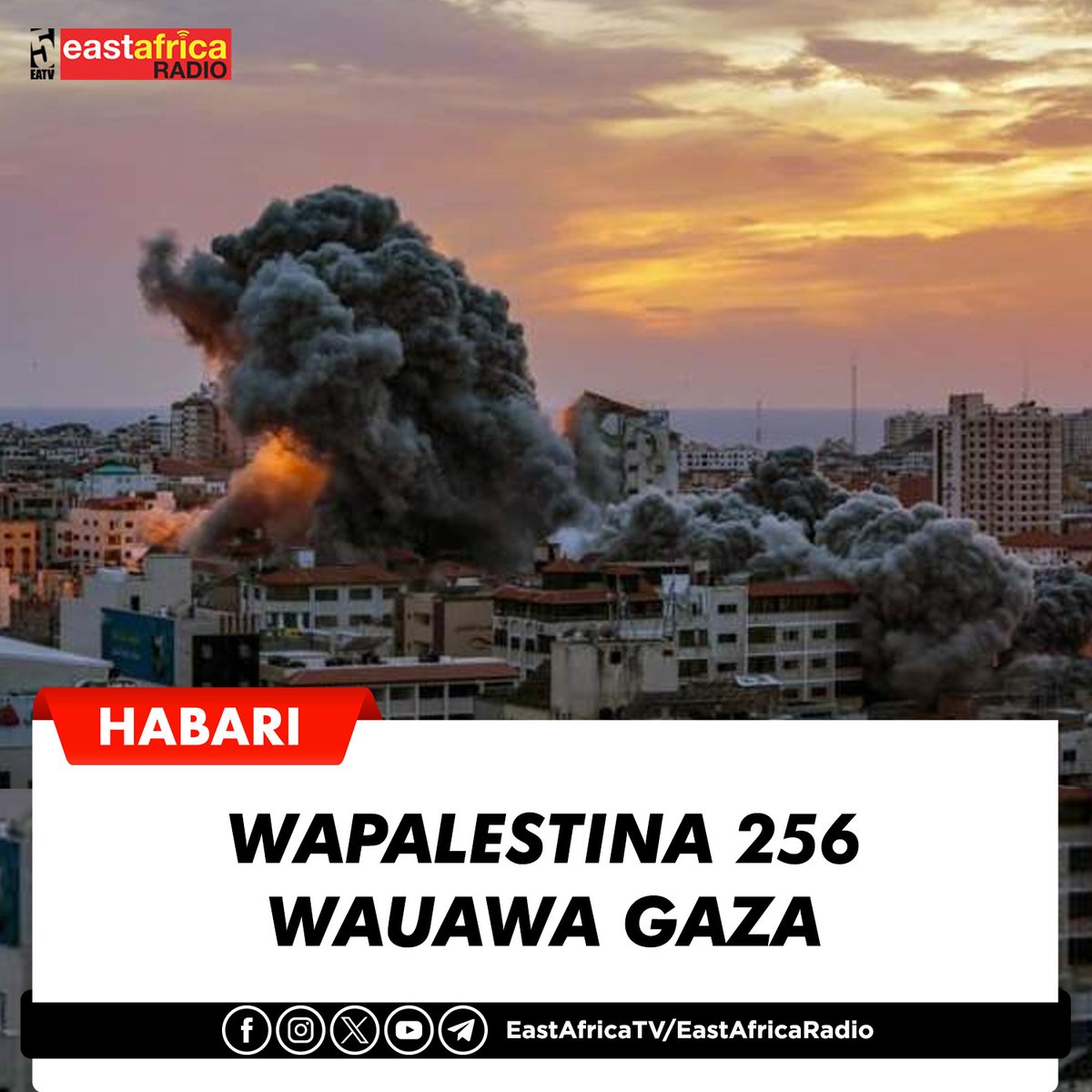 eastafricatv's tweet photo. #UPDATES Jumla ya Wapalestina 256 wakiwemo watoto 20 wameuawa na watu wengine 1,864 wamejeruhiwa katika mashambulizi ya anga yaliyofanywa na Israel katika muda wa saa 24 zilizopita hii ni kwa mujibu wa Wizara ya Afya ya Palestina huko Gaza.

Jeshi la anga la Israel lilitoa picha za mashambulizi yake kwenye majengo mengi katika ukanda wa Gaza ambako maeneo ya wanajeshi wa Hamas yanasemekana kuwepo.

#EastAfricaTV