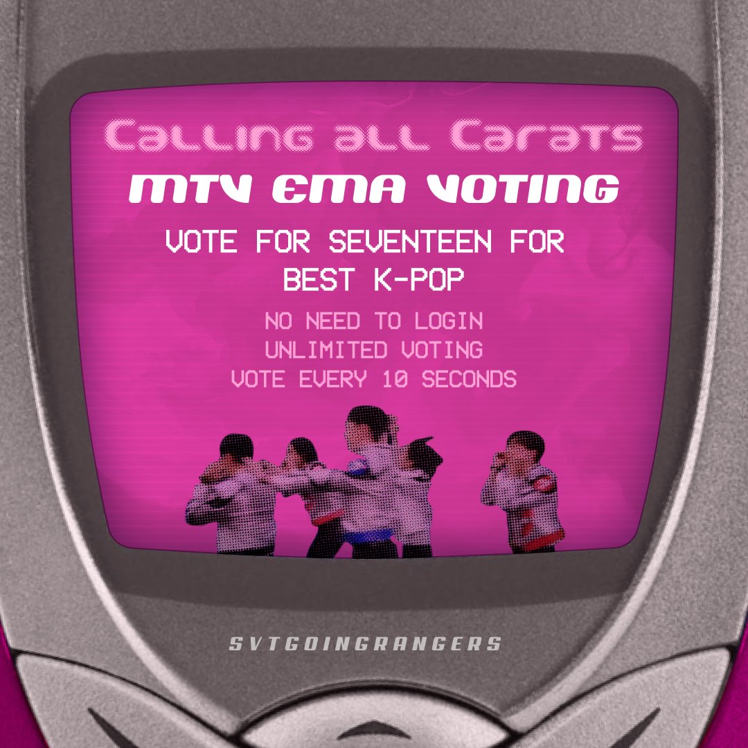[#MTVEMA2023]

MTV Europe Music Awards (Best Kpop Category)

📅: until October 31
🔗: mtvema.com/vote/best-kpop/
📝:
• no need to login
• unlimited voting
• vote every after 10 seconds 

@pledis_17 #SEVENTEEN #세븐틴 #SVTEMAS_BestKpop