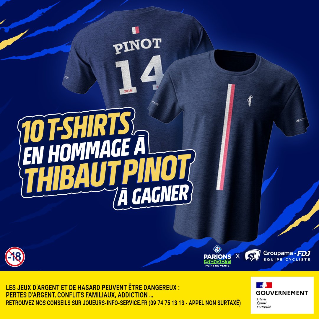ParionsSport's tweet photo. Le moment que l'on redoutait tous est arrivé : Thibaut Pinot range le vélo et prend sa retraite. C'est donc l'heure de lui rendre hommage avec un tee-shirt à son effigie. 

Pour participer: 
1⃣ RT et follow
2⃣ Répond avec #MerciThibaut

Annonce des gagnants 10/10 https://t.co/cEfVrGjNER