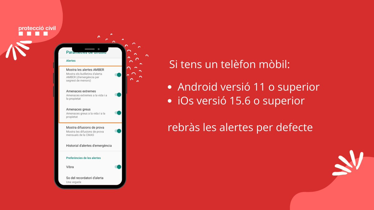 emergenciescat's tweet photo. Vols rebre les alertes de #ProteccioCivil?  
Comprova que tens l'opció activada al mòbil. Mira-ho a l'apartat de configuració 📲 
Està activada per defecte en les versions:
🤖 Android 11 o superior 
🍎 iOs 15.6 o superior
https://t.co/9pcGH95u2x https://t.co/ZOclym09Nm