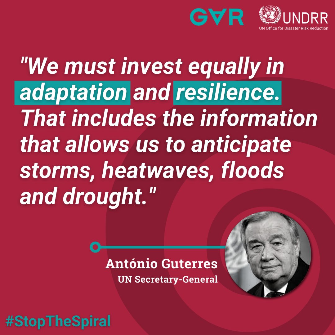 UNDRR's tweet photo. "We must [be able to] anticipate storms, heatwaves, floods &amp; drought." @antonioguterres, Secretary-General of the @UN calls for equal investment in adaptation &amp; resilience.

Read the @UN flagship report on #DisasterRiskReduction👉 https://t.co/sYUy33gnZS

#StopTheSpiral https://t.co/lK9kWMWqOJ