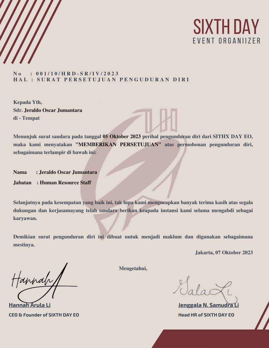 ㅤ

[ 📧 ]

𝐓𝐨 : Jeraldo Oscar Jumantara ( @lostcontrouI)
𝐅𝐫𝐨𝐦 : hrd@sixthday.com
𝐜𝐜 : <a href="/lihannah_/">Li Hannah</a>, <a href="/ramenjawa/">Elang Ginanjar.</a>, <a href="/nescafergh/">Jenggala.</a>, <a href="/cottondglow/">ARIA KIM.</a>, @aubrythea 

Subject : Surat Pemutusan Hubungan Kerja

ㅤ