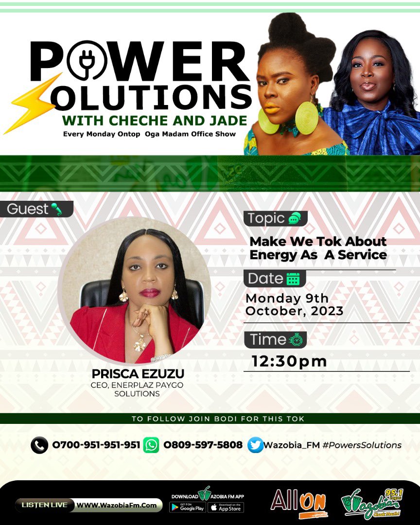 #powersolutions is BACK! 
We took a little break on the All On Sponsored show on @nigeriainfofmlagos but we are back tomorrow!!!🎉🎉🎉

You should tune in at 11:30am for the conversation in English  AND at 12:30pm if Pidgin is your thing on <a href="/wazobiafmlagos/">Dj indo</a> 
Details in flyers
