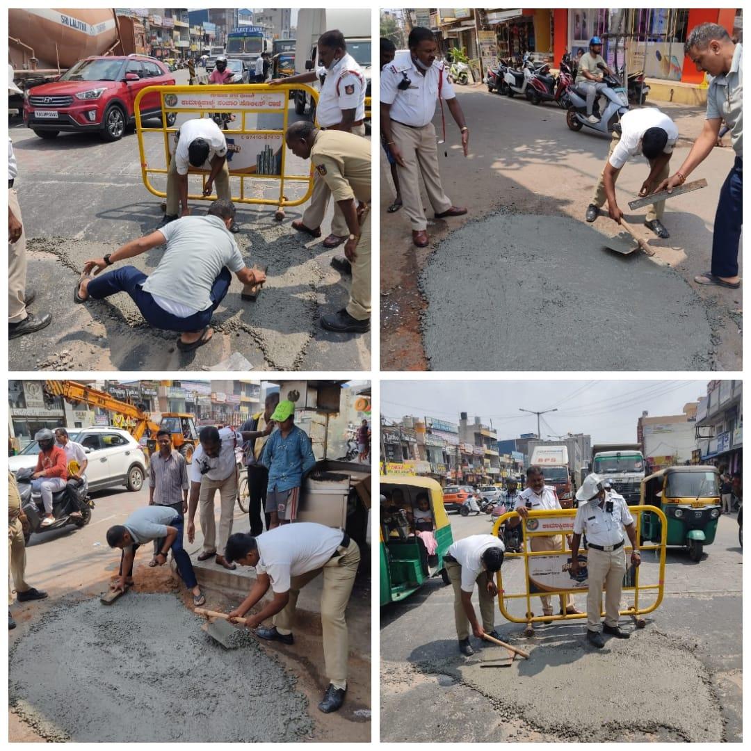 There was a pot hole at Shantidhama school junction @ sunkadakatte magadi main road. On Sunday traffic instead of resting our soldiers did this beautiful work to ensure a safe route to school.@blrcitytraffic @DCPTrWestBCP