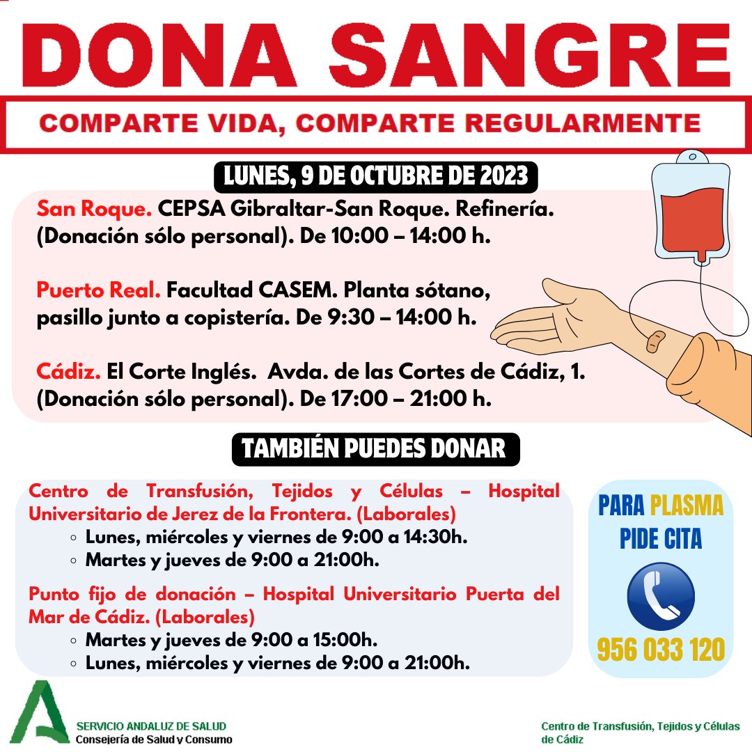 #lunes. Hoy puedes #DonarSangre en la provincia de Cádiz en las siguientes localidades: #Cádiz #Jerez #PuertoReal . Compártelo. 👉📌Anímese y salve vidas donando sangre.📌 ℹ️ tiny.cc/sas ℹ️ tiny.cc/Donaydavida ‼️ Compártelo. ‼️