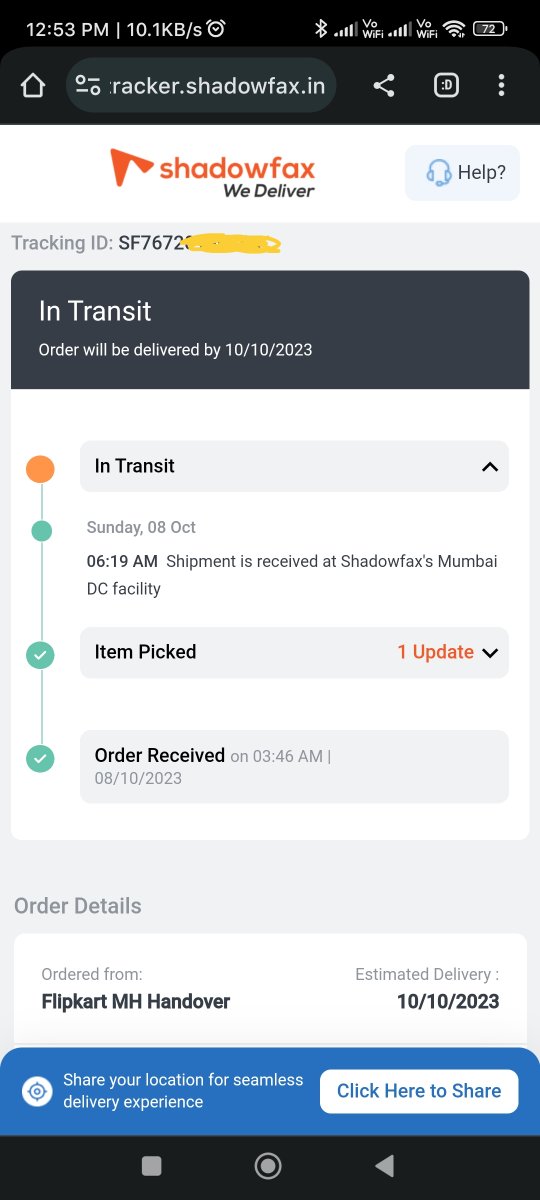 Prathamesh12017's tweet photo. @flipkartsupport @Flipkart i had orfer a smartphone and the delivery was today. Please check shadowfax is showing delivery date as 10th Oct 23, why? https://t.co/S3vQINfg6z