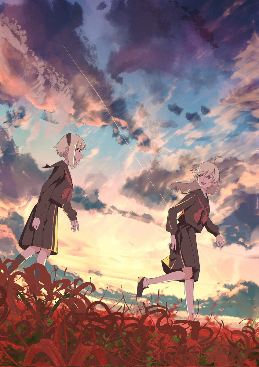 multiple girls 2girls flower skirt school uniform sky serafuku  illustration images
