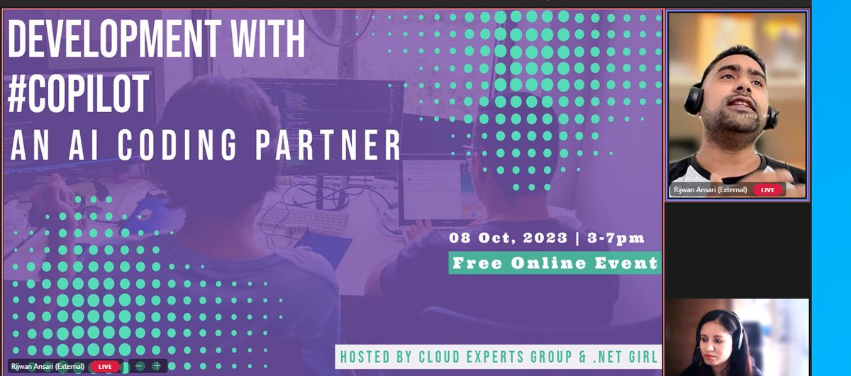 SatyaKarki's tweet image. We are live and our session on "GitHub Copilot for Developers Everywhere: Experience the power of AI Pair Programming" by Janarthanan Selvaraj is going on.
Link to Join: tinyurl.com/37vjyhrk
#DevelopmentWithCopilot #AICodingPartner #CodingRevolution #AI #GitHubCopilot
@rijsat