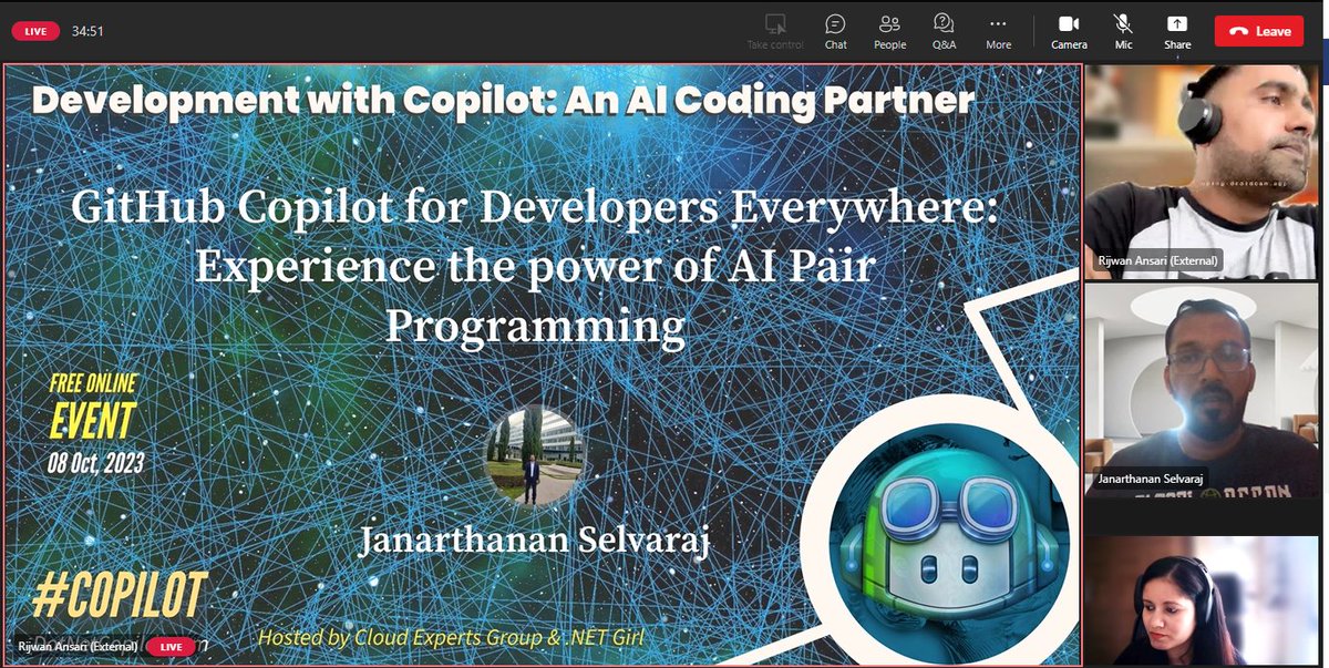 SatyaKarki's tweet image. We are live and our session on "GitHub Copilot for Developers Everywhere: Experience the power of AI Pair Programming" by Janarthanan Selvaraj is going on.
Link to Join: tinyurl.com/37vjyhrk
#DevelopmentWithCopilot #AICodingPartner #CodingRevolution #AI #GitHubCopilot
@rijsat