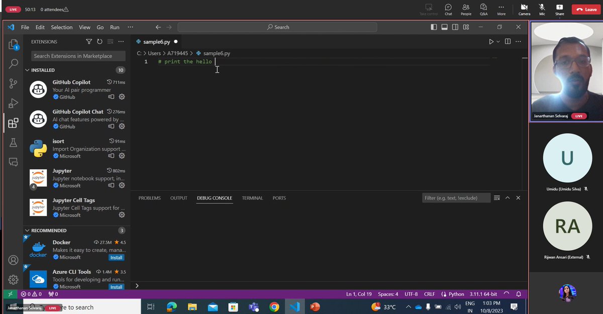 SatyaKarki's tweet image. We are live and our session on "GitHub Copilot for Developers Everywhere: Experience the power of AI Pair Programming" by Janarthanan Selvaraj is going on.
Link to Join: tinyurl.com/37vjyhrk
#DevelopmentWithCopilot #AICodingPartner #CodingRevolution #AI #GitHubCopilot
@rijsat