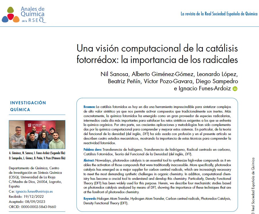 📙Una visión computacional de la catálisis fotorrédox: la importancia de los radicales. <a href="/analesdequimica/">analesdequímica</a> 
Nil Sanosa, Alberto Giménez-Gómez, Leonardo López, Beatriz Peñín, Víctor Pozo-Gavara, Diego Sampedro, Ignacio Funes-Ardoiz
➡️acortar.link/jqqD6P