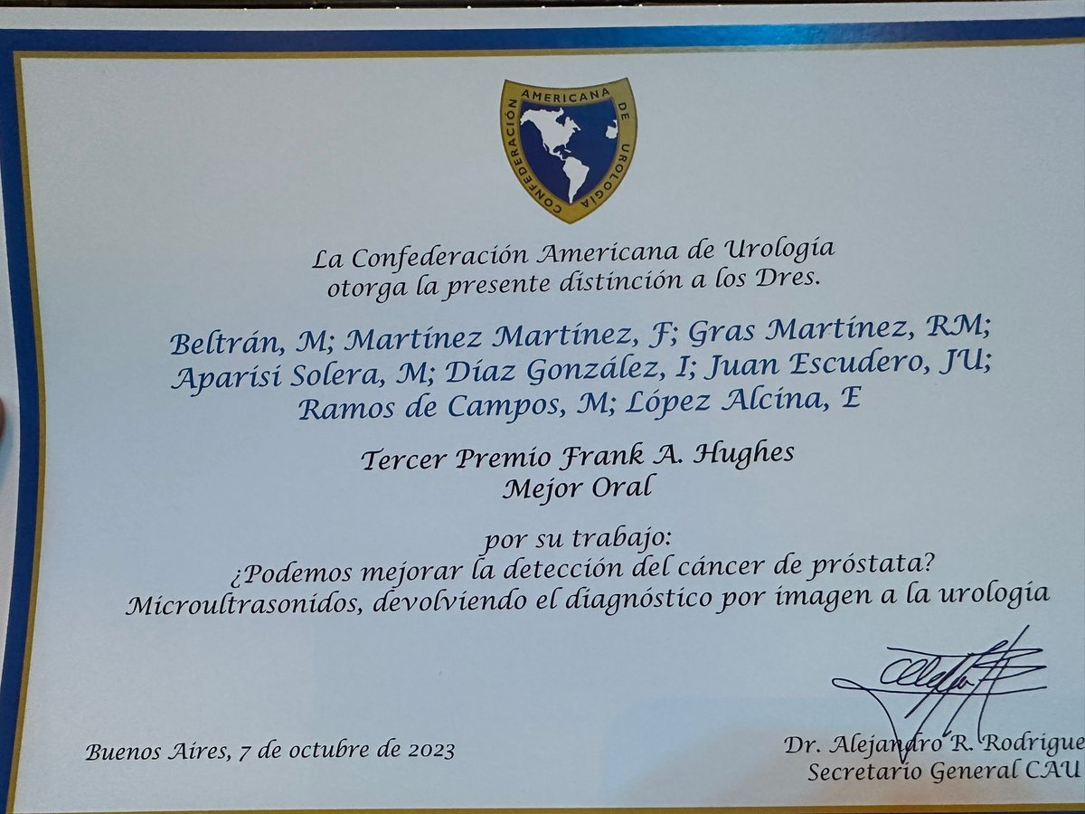 Premio Mejor Comunicación  Oral #CAU23 al Servicio de Urología Consorcio Hospital General Universitario de Valencia. ¡¡Enhorabuena !! 🏆