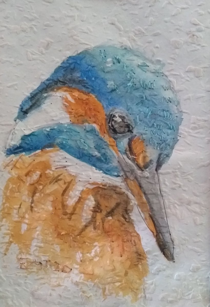 Kingfisher original mixed media bird artwork - created with watercolour painting and stitching. Comes in a grey mount. etsy.com/uk/listing/803… #UKGiftHour #mhhsbd #WildlifeArt