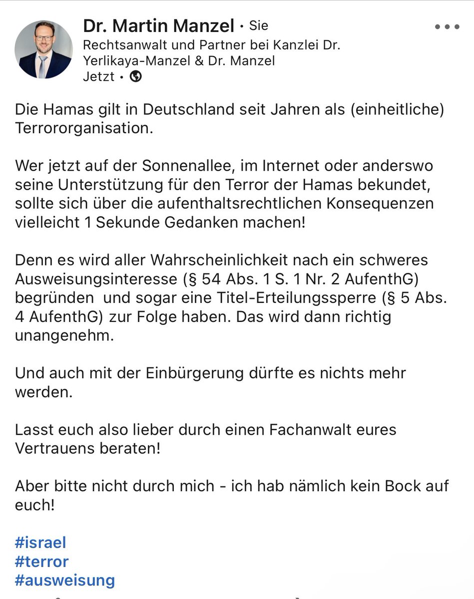 Kleiner Hinweis zum Thema Terror-Unterstützung und Aufenthaltsbeendigung - der für ALLE Drittstaatsangehörigen relevant ist (nicht nur Palästinenser oder libanesische Staatsangehörige, die jetzt auf der Straße feiern..).

#Israel_under_attack 
#terror
#ausweisung