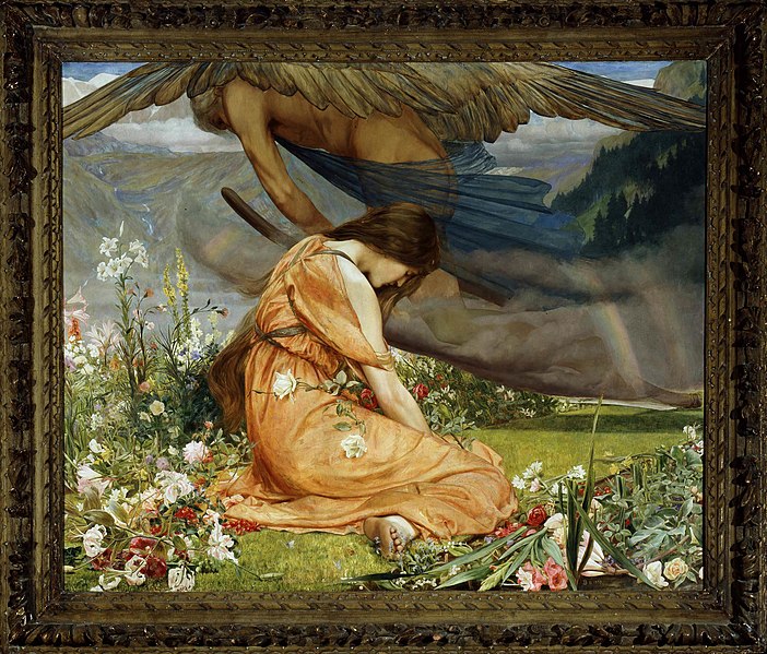 Overlooked Pre-Raphaelite John Dickson Batten was born 8 October 1860 in Plymouth. In 'The Garden of Adonis—Amoretta and Time', Spenser's Amoretta is distraught when Time cruelly scythes down the flowers of ephemeral beauty. Her posture says everything about the human condition.