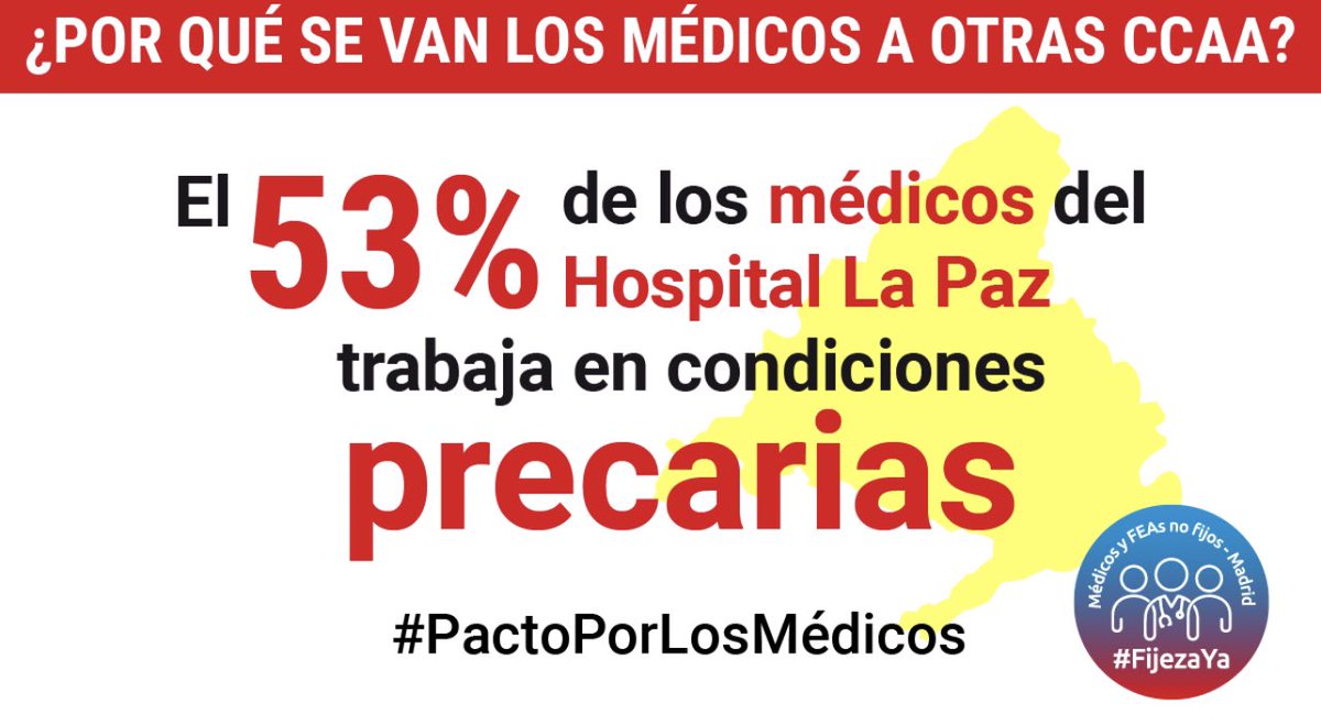 MedicosComoTu's tweet photo. @IdiazAyuso Que orgullo sería también @IdiazAyuso que el 53% de los especialistas de @SaludMadrid que tienen AÑOS trabajando en la excelencia del Hospital, a pesar de sus contratos temporales precarios, pudieran ser estabilizados #FijezaYa #PactoPorLosMedicos #FatimaMatute https://t.co/wUGYp2VvZG