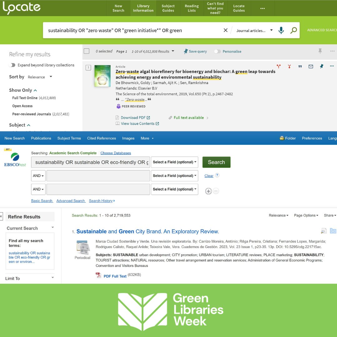 For our final post to celebrate #GreenLibrariesWeek we wanted to promote searching for 'green' journal articles via the library! Do this via: ✔️ Locate and search the entire library catalogue ✔️ Your Subject Guide and search within a database #LibrariesWeek @librariesweek