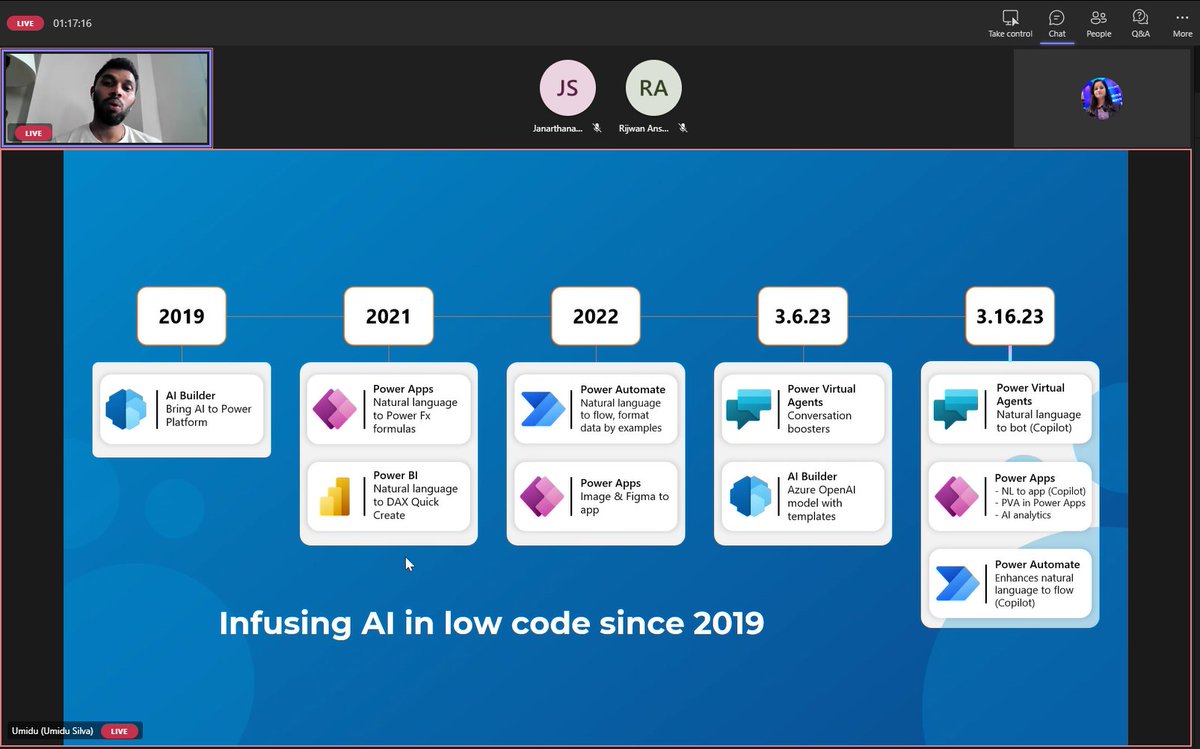 SatyaKarki's tweet image. We are live and event "#Development with #Copilot: An AI Coding Partner" is already started.
Mr Umidu Silva is presenting on "Power Platform with CoPilot and AI" 
Link to Join: tinyurl.com/37vjyhrk
#DevelopmentWithCopilot #AICodingPartner  #CodingRevolution #AI #GitHubCopilot
