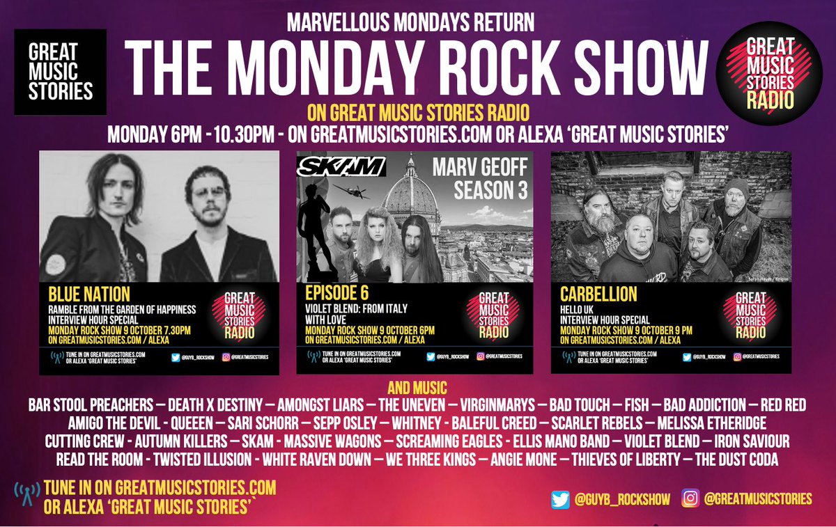 Guy B (@guyb_rockshow) on Twitter photo Monday Rockshow. Interview hours @bluenationmusic & <a href="/carbellion/">Carbellion</a>, <a href="/SKAM_UK/">SKAM</a> MarvGeoff with <a href="/VioletBlend/">Violet Blend</a> & sizzling tunes inc <a href="/amongstliars/">Amongst Liars</a> <a href="/badtouchrocksuk/">Bad Touch</a> <a href="/BarPreachers/">BarStoolPreachers</a> <a href="/autumnkillers/">Autumn Killers</a> <a href="/AmigoTheDevil/">Amigo the Devil</a> <a href="/thevirginmarys/">The Virginmarys</a> <a href="/balefulcreed/">BALEFUL CREED</a> <a href="/MassiveWagons/">Massive Wagons</a> <a href="/WhiteRavenDown/">White Raven Down</a> & many more ๐ Monday Rockshow. Interview hours @bluenationmusic & <a href="/carbellion/">Carbellion</a>, <a href="/SKAM_UK/">SKAM</a> MarvGeoff with <a href="/VioletBlend/">Violet Blend</a> & sizzling tunes inc <a href="/amongstliars/">Amongst Liars</a> <a href="/badtouchrocksuk/">Bad Touch</a> <a href="/BarPreachers/">BarStoolPreachers</a> <a href="/autumnkillers/">Autumn Killers</a> <a href="/AmigoTheDevil/">Amigo the Devil</a> <a href="/thevirginmarys/">The Virginmarys</a> <a href="/balefulcreed/">BALEFUL CREED</a> <a href="/MassiveWagons/">Massive Wagons</a> <a href="/WhiteRavenDown/">White Raven Down</a> & many more ๐