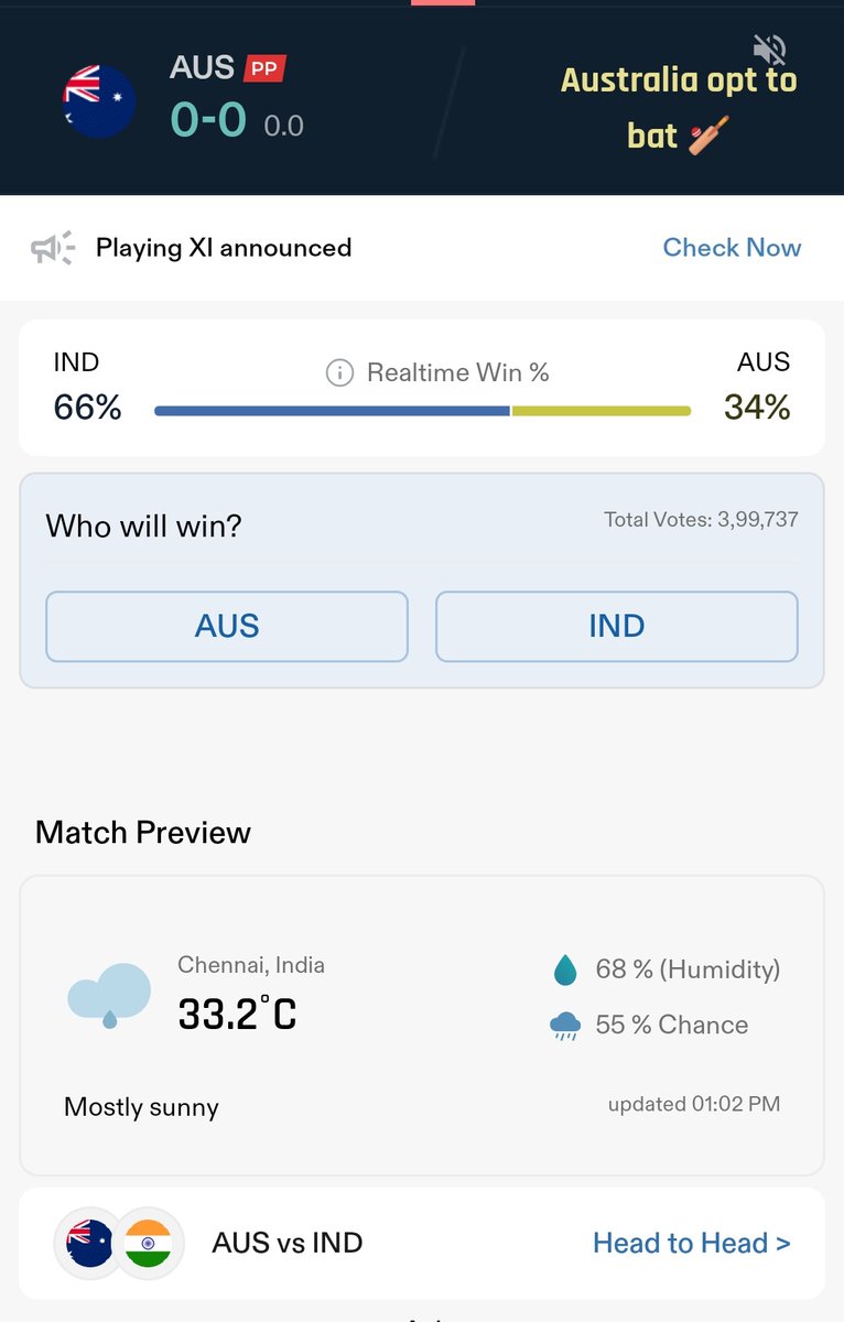 Match Day #CWC2023
Australia won the Toss and opted to Bat First

 #BANvsAFG #SLvSA #PAKvsNED #INDvsAUS #HarisRauf #IssBaar100Paar #CWC23 #CricketWorldCup2023 #Hyderabad #CWC2023 #WorldCup2023 #BabarAzam𓃵 #CricketTwitter #MSDhoni #RohitSharma #JiyaShankar #Abhiya #Abhisha