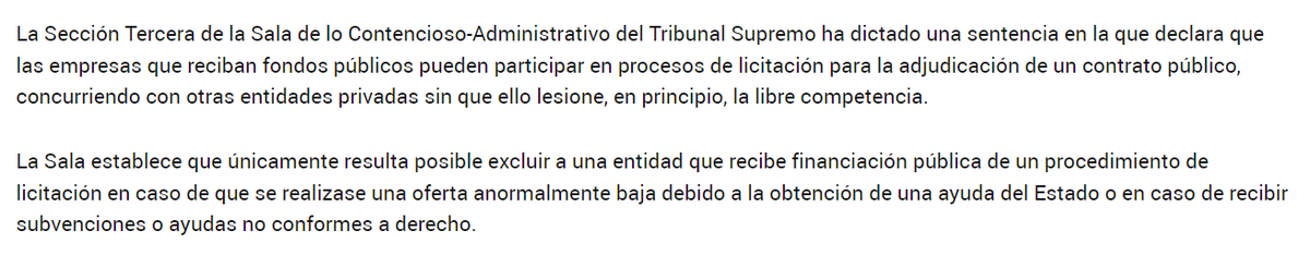 beatrizmorenose's tweet photo. El Tribunal Supremo dictamina que una empresa que recibe fondos públicos puede participar con empresas privadas en procesos de licitación de contratación pública sin lesionar la libre competencia.
https://t.co/6gXbcoMjv9 https://t.co/ujUrlj9JJu