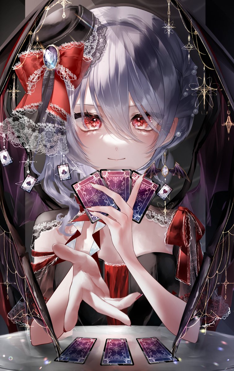 remilia scarlet 1girl card solo hat red eyes holding card wings  illustration images