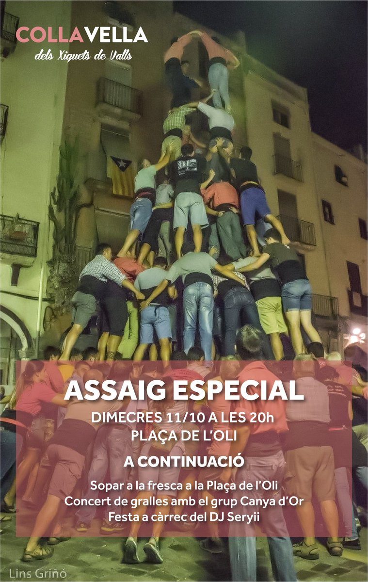 collavella's tweet image. Dimecres dia 11 a les 20h, ASSAIG ESPECIAL a la plaça de l'Oli!
Despres sopar+festa...
No hi pots faltar!
Recorda 👉✅️📲 APP
#castells