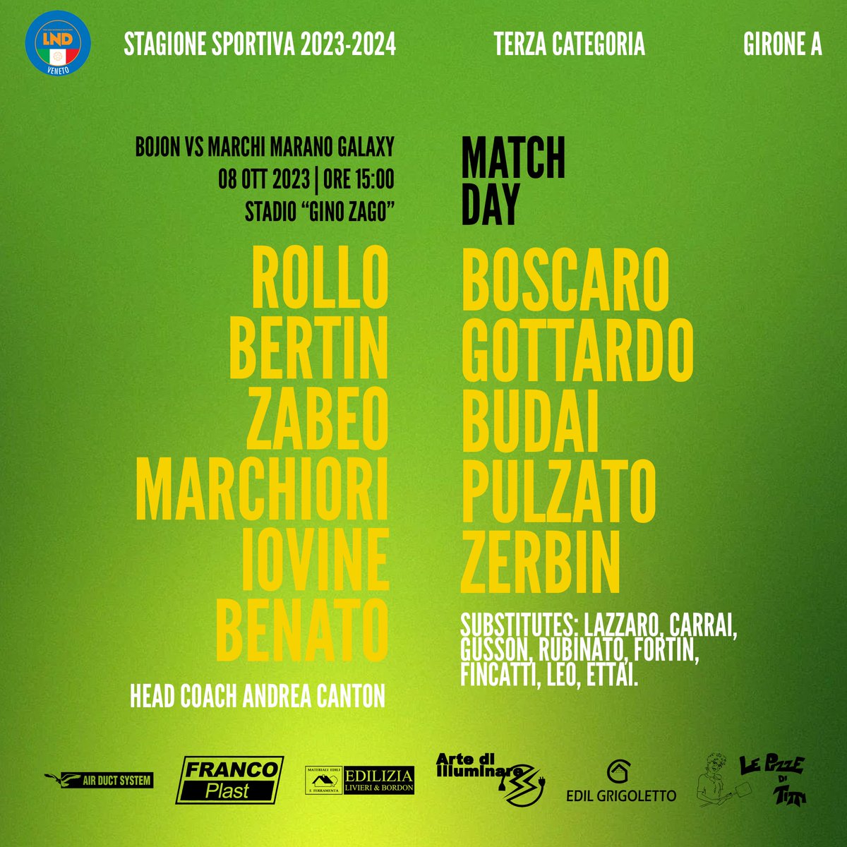 asdbojon's tweet photo. MATCHDAY ⚽

🗓️ Domenica 8 Ottobre 2023
⏰ 15:00 CEST
🏟️ Stadio "Gino Zago"
🏆 Terza Categoria
📲 #BojonMarchimarano

https://t.co/f0AfwH1Ylm

Ndemo TUTTI in campo!

🟡🟢 #bojon #cuoregialloverde #forzabojon #startingxi https://t.co/DfHHgpdhAq