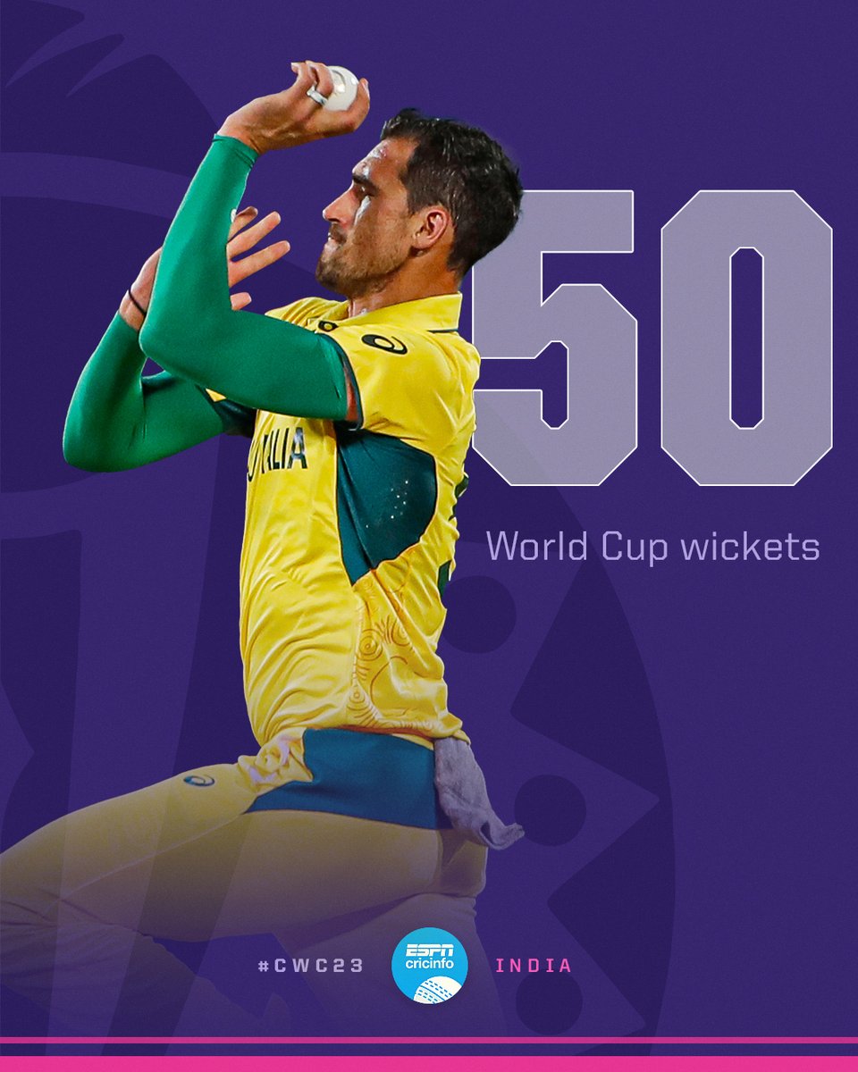 cricinfo's tweet photo. Mitchell Starc becomes the QUICKEST to get to 50 World Cup wickets 🤯

Ishan Kishan falls for a first-ball duck 🦆 https://t.co/wnv4HTdN5F #INDvAUS #CWC23 https://t.co/xqhE5opQWL