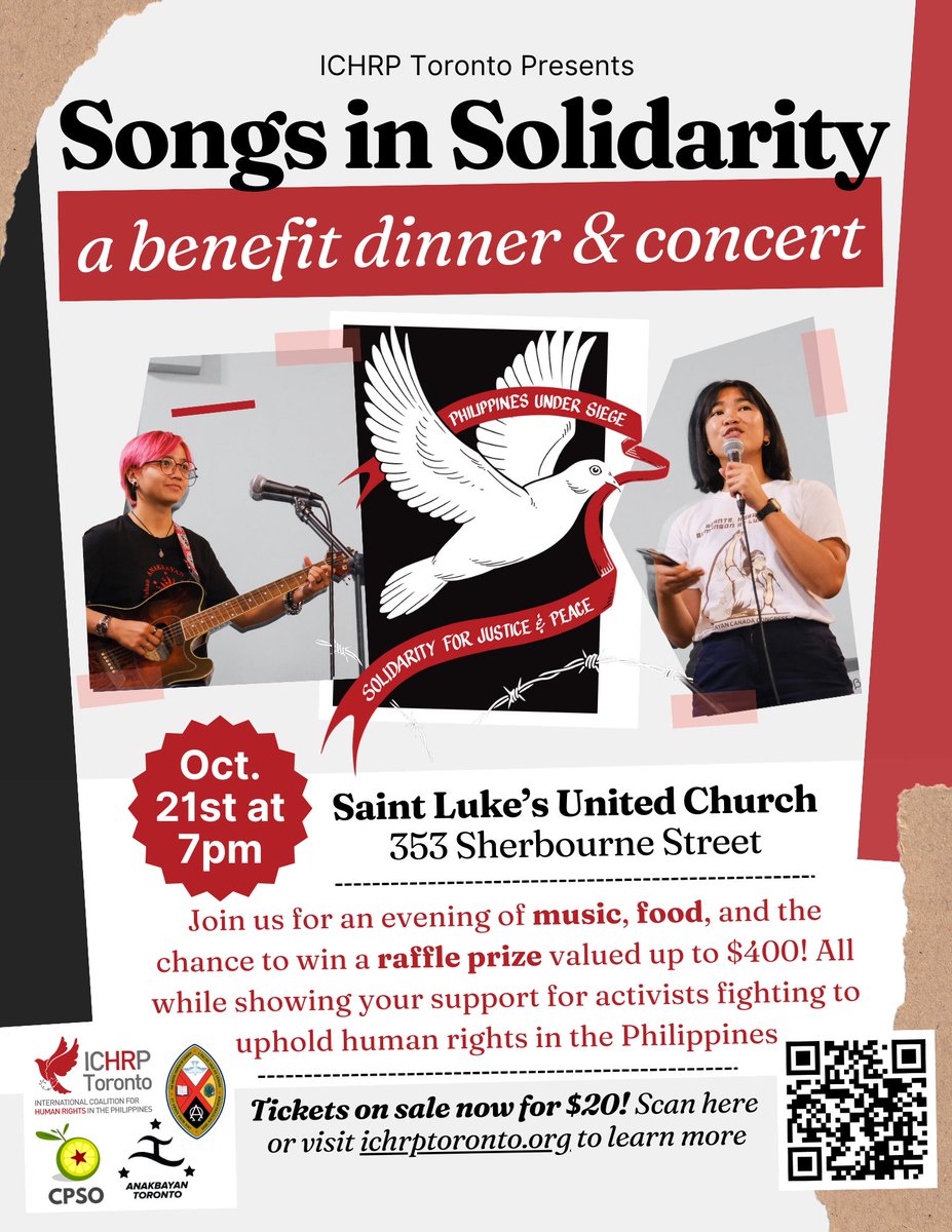 Join us on Oct 21st for Songs in Solidarity, a benefit dinner and concert with @ichrptoronto and <a href="/anakbayanto/">Anakbayan Toronto</a> at Saint Luke's United Church. Enjoy food, music, and support activists fighting for human rights in the Philippines. Get tickets at ichrptoronto.org