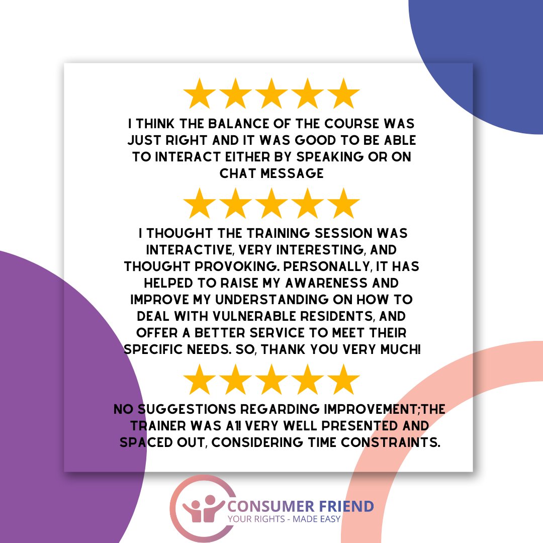 🌟 The reviews are in, and they are glowing! 🌟

Read the fantastic feedback from our @RoseberyHousing training sessions on consumer vulnerability. Don't miss out!
 
consumerfriend.org.uk

#consumerfriend #consumervulnerability #consumerrightsmadeeasy #consumerprotection