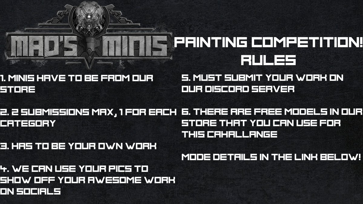 MadsMinis's tweet photo. We are hosting a painting competition! Show off your skills with a chance to win awesome stuff! All you gotta do is paint one of our minis in the best and worst way!
More details here
https://t.co/276mLdMFXj
#competition #stl #mmf #wargaming #art #miniart #miniartist #fun #best https://t.co/Ek4qQRrtJg