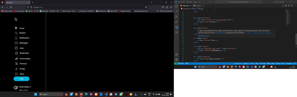 ayoo_pardhu's tweet photo. Guys the side menu for my X clone is officially done, heading towards the middle part now!
PS: i use two screens so it it took two screens together as screenshot
#100DaysOfCode #Xclone #Frontend #webdevelopment https://t.co/6RZhk6tTci