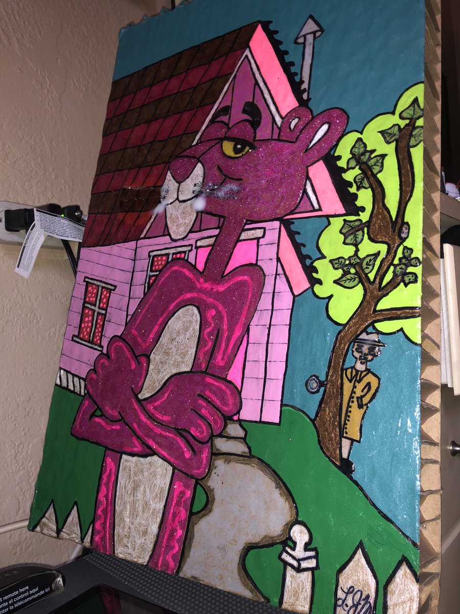 Still Drying #PinkPanther  with #RickFlareDrip #InspectorClouseau #VintageHouse #AllPinkEverything  #ArtTwitter #artwork