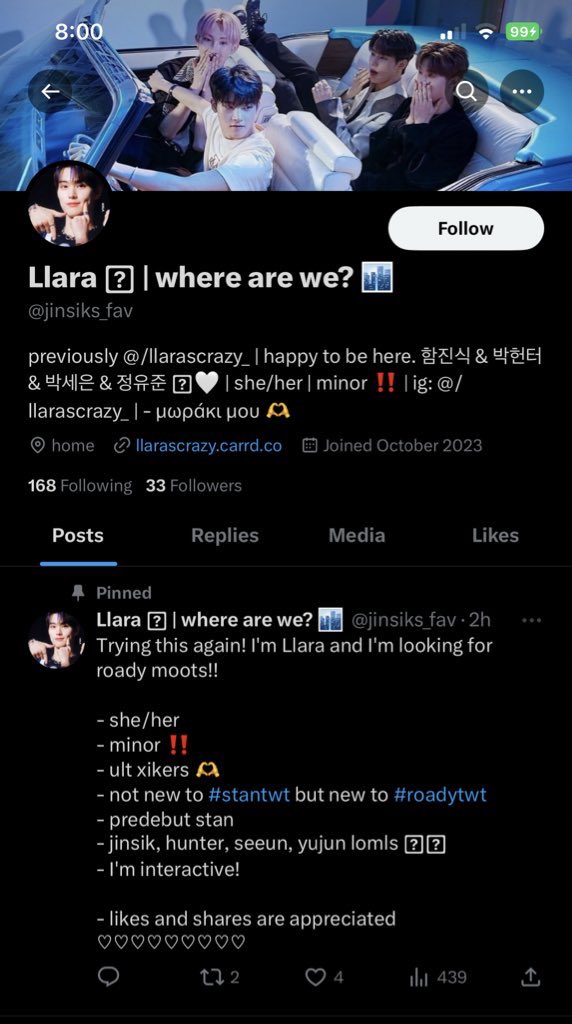 moots pls just be very careful with who you’re interacting with and following back this morning/today, as it looks like @/llarascrazy_ has now made this account and is interacting with people, acting as if yesterday never happened (check my previous tweet)
